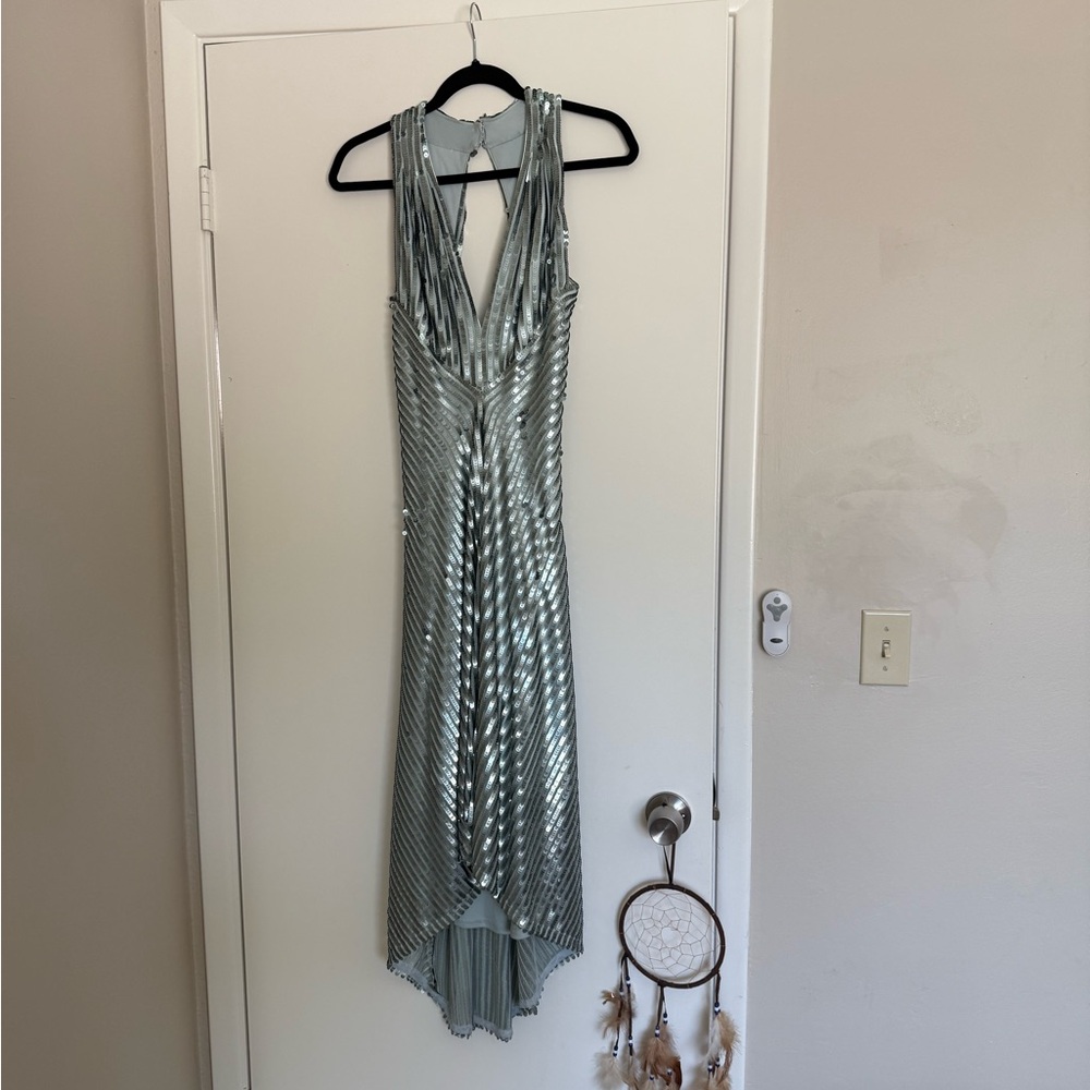 Sho Women's Green High-Low Sequin Halter Midi A-Line Dress Size 2